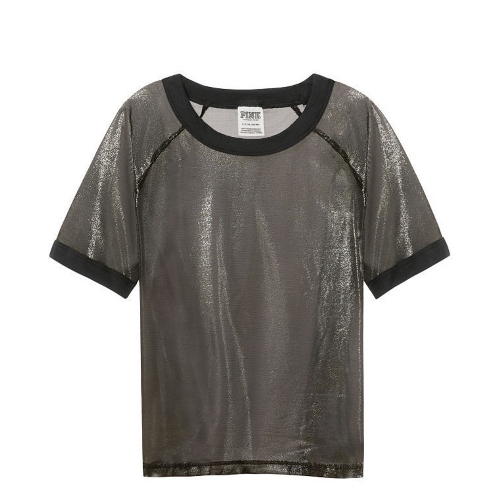 VICTORIAS SECRET PINK MESH TEE PURE BLACK SHINE - XS